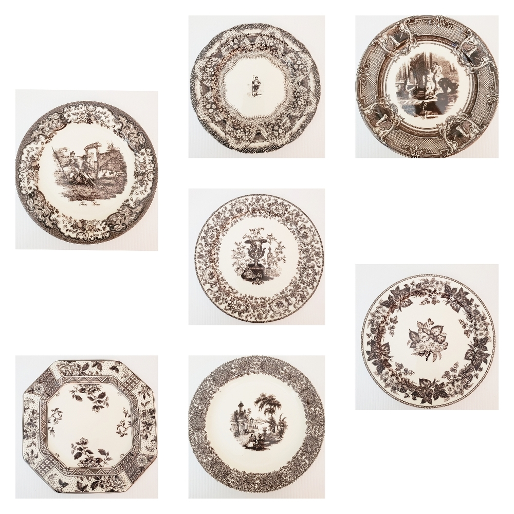 Two's Company Brown and Cream Transferware Plate Set - Assorted Scenic Designs